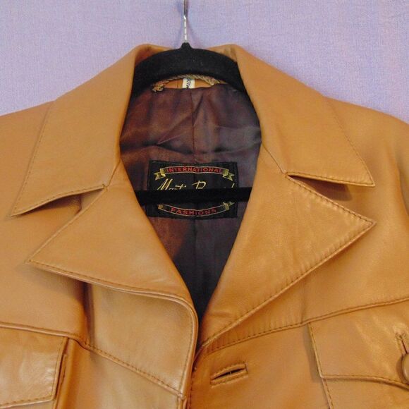 VINTAGE MARTIN BERNARD Camel Leather & Silk Jacket 6 Pockets Buckle Belt M/L - Picture 4 of 16